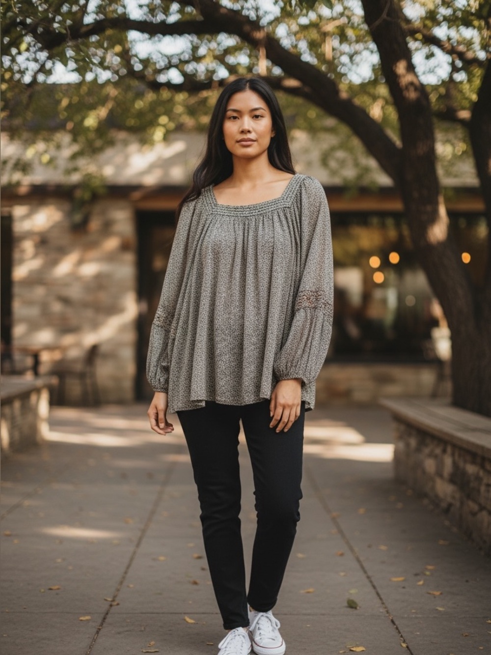 LC Lauren Conrad Gray Smocked Square-Neck Peasant Blouse